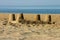 Sand castle on a beach.
