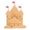 Sand castle fairytale beach building exterior with red flags vector flat sandcastle fantasy game