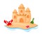 Sand castle, shovel, starfish and crab on the seaside. Children`s summer vacation