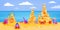 Sand castle summer beach vector illustration, cartoon landscape, sky, clouds, crab, ocean, bucket.