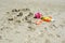 Sand castles and kids toys on the beach