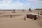 Sand covered restaurant on the beach in Hargen aan Zee in Netherlands