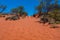 Sand dune beside the Stuart Highway. Behind the dune stretches a dry salt lake. Outback central Australia. Red sand and barren