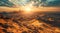 Sand dunes in arabian desert and rodent city view at horizon at sunset lights