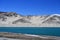 Sand dunes and turquoise blue water at Bulunkou lake on Karakoram Highway, Xinjiang