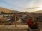 Sand dunes view from balcony at desert nights ecocamp at sunrise golden hour, red flowers in