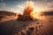 sand explosion in a desert landscape during sunset