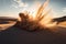 sand explosion in a desert landscape during sunset