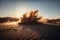 sand explosion in a desert landscape during sunset