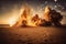 sand explosion in a fiery setting, with flames and smoke visible