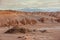 Sand formations, mountains, rocks at Valle de la Luna Moon Valley, San Pedro de Atacama Chile. Wide view of stunning sun rise on