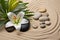 Sand with lily flower and pebbles. Generate ai