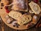 Sand nut chocolate cookies and rolled biscuit on board