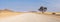 A sand road in the middle of the desert with a group of trees and Tiras Mountains in the background, Kanaan Desert Retreat, on the