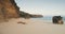 Sand rock coast waves of ocean bay aerial view. Nobody nature landscape of cliff shore with stones