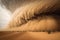 Sand storm in desert. A huge tornado hits the desert landscape with great force.