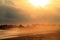 Sand Storm over Pacific Ocean Sandy Beach at Sunset