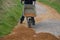 Sand wheeling. garden wheelbarrow carries a worker and pours on piles of beige gravel to repair park, forest, dirt road. erosion c