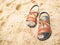 Sandals on Beach Background Accessories Summer Vacation Holiday on Sand of Tourism at Coast Sea,Slipper Fashion Tropical Relax