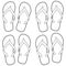 Sandals for the island beach vacations. Summer flip flops set. Vector black and white coloring page