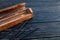 Sandalwood sticks on a black wooden table. Traditional Asian culture. Aromatherapy