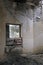 Sandbags at the windows of an abandoned house in the buffer zone green line in Nicosia, Cyprus