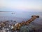 Sandbank and boats on the sea of Novalja, island of Pag in Croatia