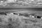 A sandbank creates a spit of land that is only accessible at low tide in Whitstable, Kent, UK. An atmospheric monochrome image