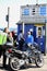 Sandbanks, Dorset, England - June 02 2018: Motorcyclists and pedestrians at the ticket or toll collector booth for the Sandbanks