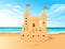 Sandcastle on the beach happy childhood hobby building vector illustration with beachside and clear sky