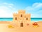 Sandcastle on the beach happy childhood hobby building vector illustration with beachside and clear sky