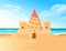 Sandcastle on the beach happy childhood hobby building vector illustration with beachside and clear sky