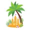 Sandcastle on the beach seashore. Palm tree. Time to travel. Summer Vacation. Beach rest. Parasol. Children summer games