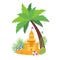 Sandcastle on the beach seashore. Palm tree. Time to travel. Summer Vacation. Beach rest. Parasol. Children summer games