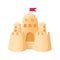 Sandcastle cartoon style vector illustration on white background. Sand fortress with towers on the beach