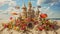 Sandcastle decorated with flowers, umbrellas on beach