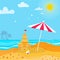 Sandcastle on Seashore. Time to travel. Summer Vacation. Beach rest. Parasol. Children summer games and activities