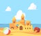 Sandcastle on seaside. Beautiful summer building from sand near ocean castles and fortress vector cartoon background