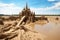 sandcastle surrounded by moats and sand bridges