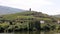 Sandeman silhouette on a hill over vineyards, across Douro River, Peso da Regua, Portugal