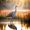 Sandhill Crane Wading In Marsh Water