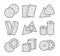 Sandpaper sheets, discs, rolls, triangles. Black & white vector illustration of sanding abrasive paper. Line icon set of