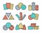 Sandpaper sheets, discs, rolls, triangles. Colorful vector illustration of sanding abrasive paper with assorted grit. Flat line