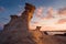 Sandrock figure in the light of sunrise on a rocky beach Northern Cyprus