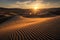 sands dunes rolling over each other in endless patterns, with the sun setting in the background