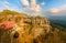 Sandstone arch Pravcicka brana Prebischtor landmark in sunset light, Bohemian Switzerland, Czech republic