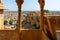 Sandstone made beautiful balcony, jharokha,stone window and exterior of Jaisalmer fort. UNESCO World heritage site overlooking