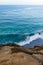 Sandstone outcropping with weeds and wildflowers overlooking pacific ocean