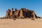 Sandstone pinnacles in the Sahara desert, blue sky, Chad, Africa..