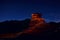 Sandstone rock is illuminated by a flashlight in Herman Cav Canyon at night. South Gobi, Mongolia. Herman Tsav, Martian landscape